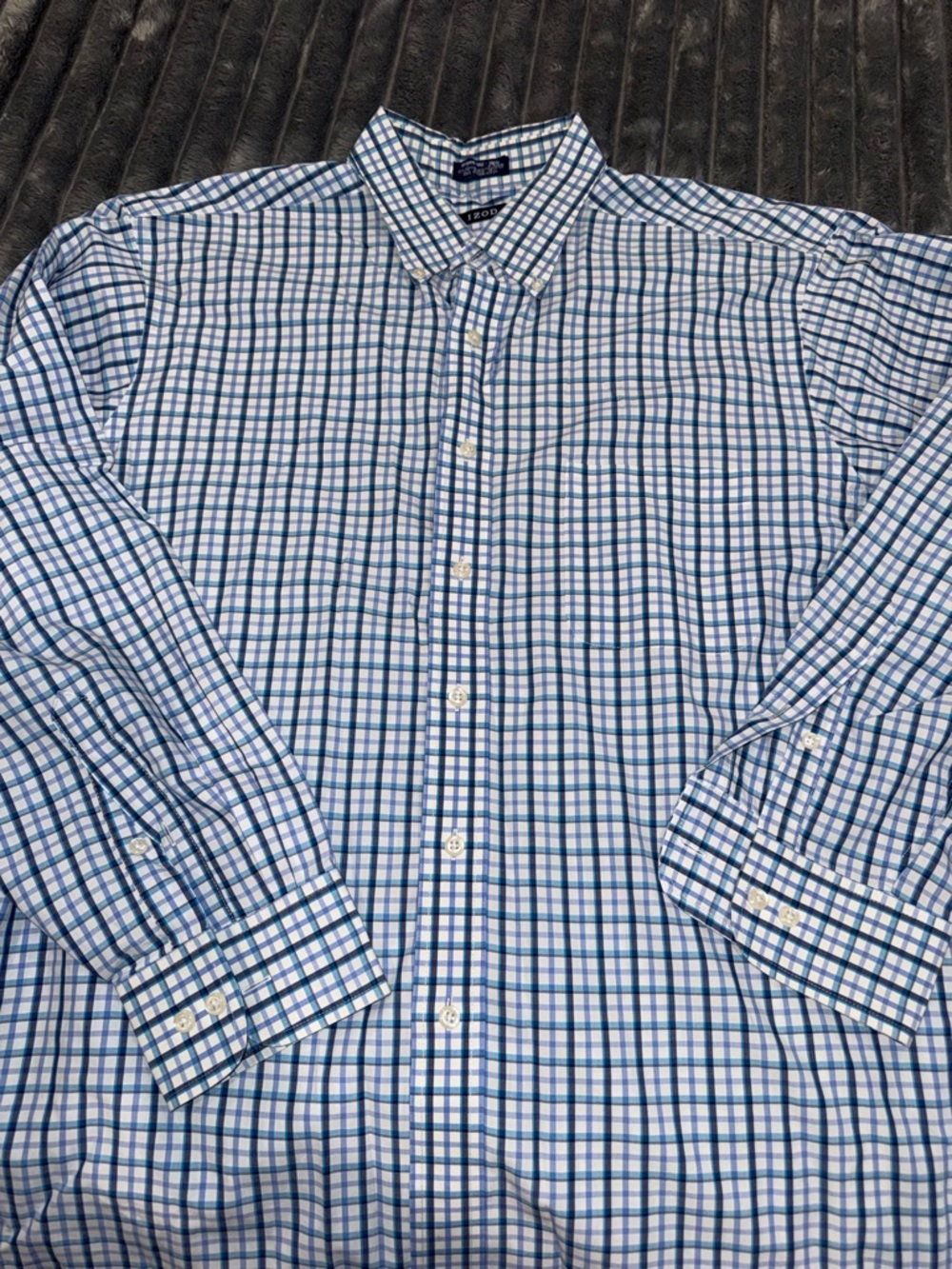 Izod Men's White Button-Down Shirt with Blue and Navy Windowpane Plaid